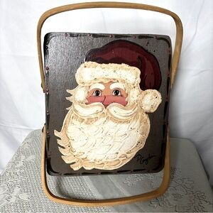 Hand‎ painted Santa Claus Wooden Basket With Lid & Handles Signed 10.5” L
